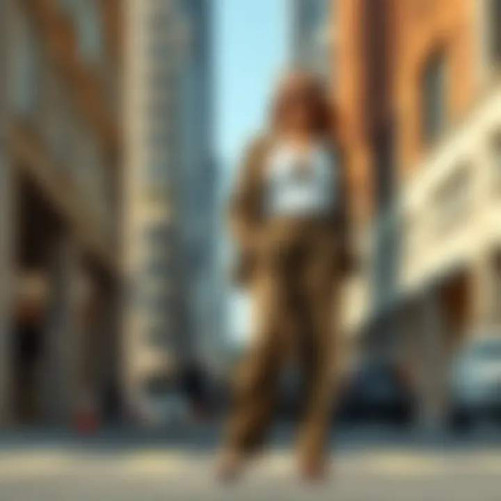 City Style in Wide Leg Slacks A confident individual walking in wide leg slacks on a city street