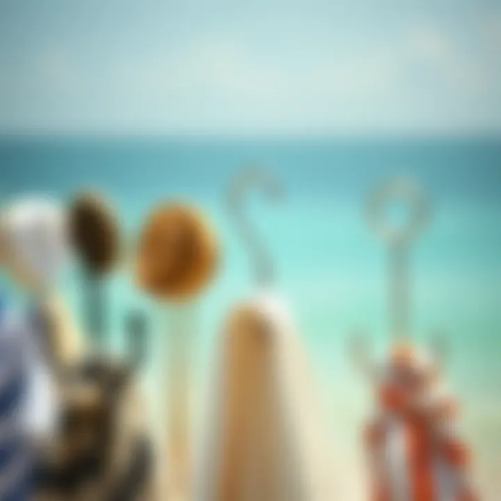 Different styles of beach hooks displayed