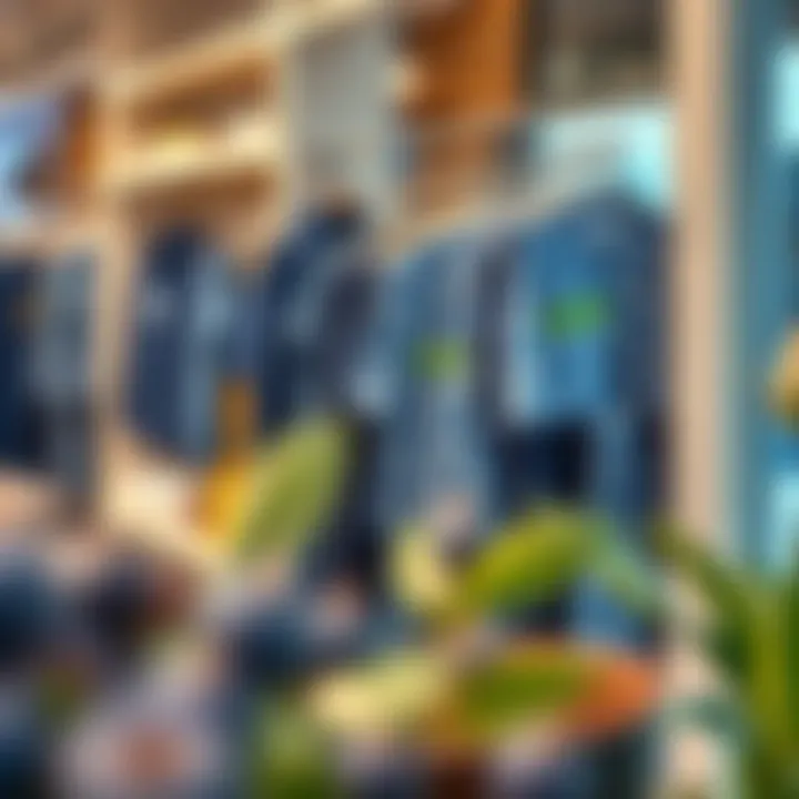 A fashionable display of blueberry-themed apparel on a boutique rack