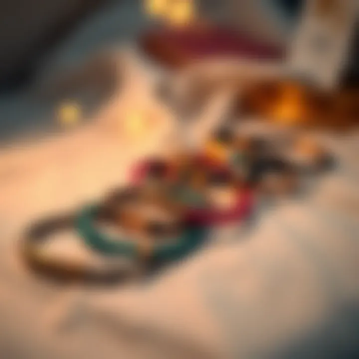 An artistic arrangement of name bracelets on a soft fabric background