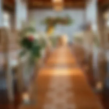 Elegant burlap and lace aisle runner adorned with floral accents