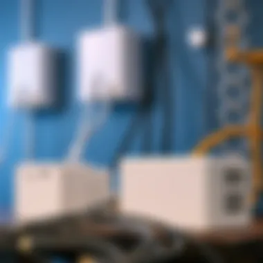 Comparative view of different cable management solutions including a white box