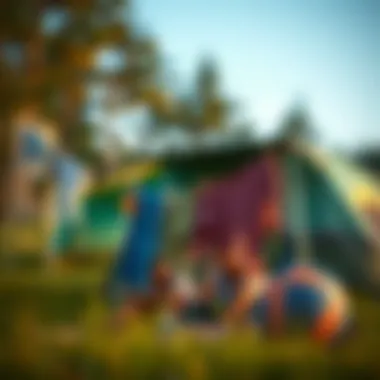 A camper using a portable clothes line for laundry