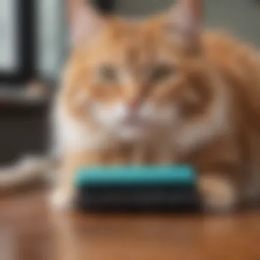 Close-up of a cat fur roller cleaning brush in action