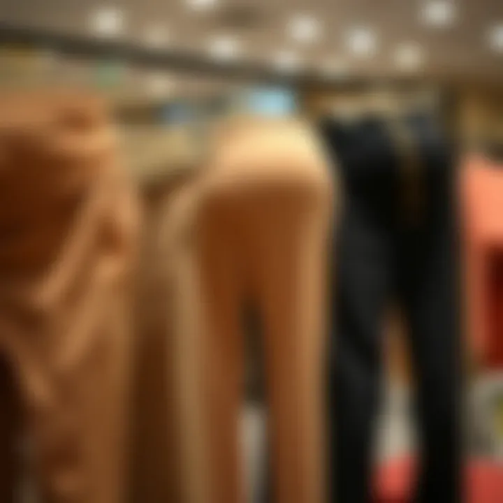 A fashionable display of various maternity pants featuring different styles of button extenders.