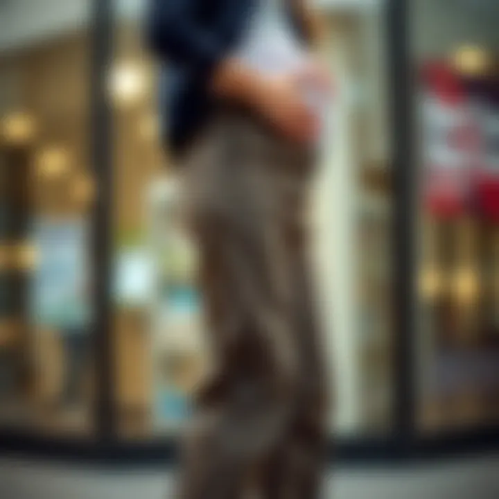 Stylish maternity pants with a button extender perfectly integrated into a casual outfit.