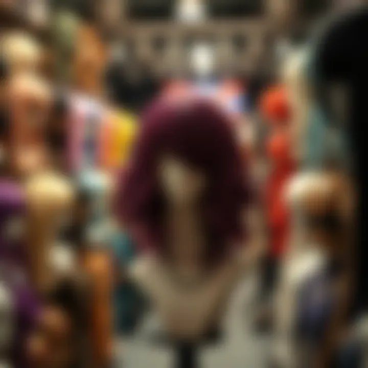 Wigs by Character Themes A diverse range of wigs categorized by character themes in a store