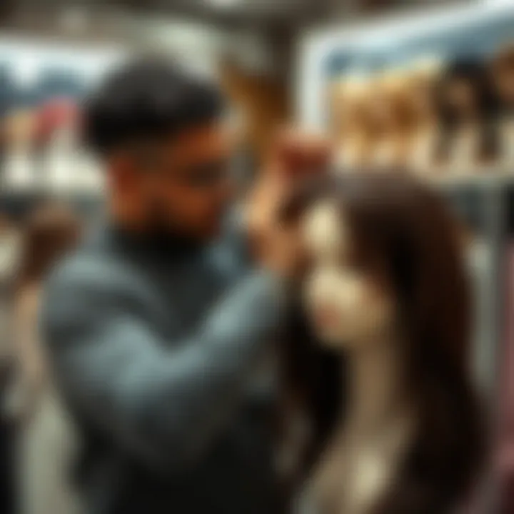 Expert Wig Adjustment An expert adjusting a wig on a mannequin head in a wig shop