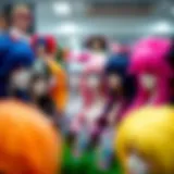 A vibrant selection of colorful cosplay wigs displayed on a stand