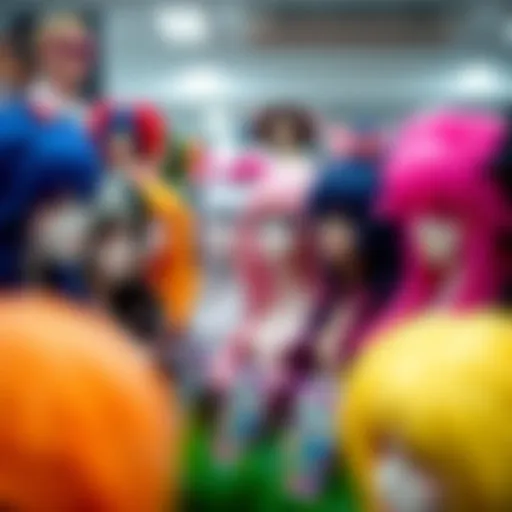 A vibrant selection of colorful cosplay wigs displayed on a stand
