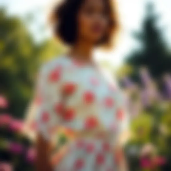 A model showcasing the ditsy floral smock dress in a sunlit garden