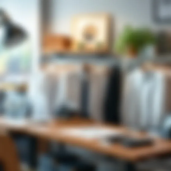 A neatly organized workspace featuring dressy shirts and accessories