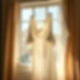 Elegant white dress with sleeves hanging in a sunlit room