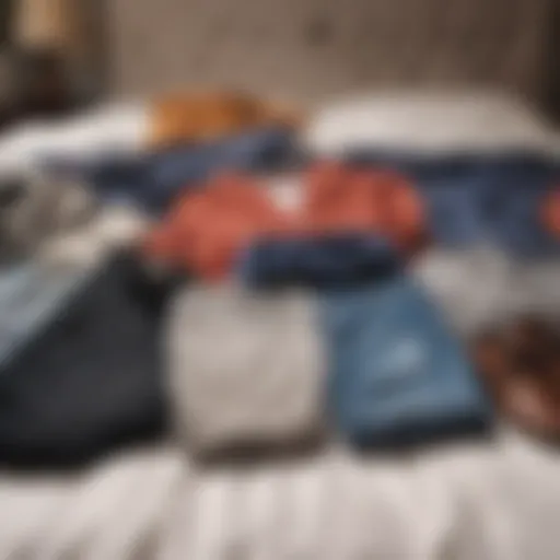 Diverse styles of affordable clothing laid out on a bed