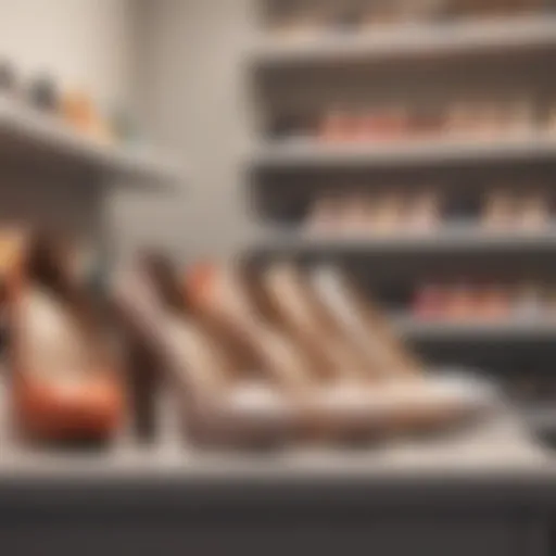 Stylish closed toe chunky heel pumps on a display shelf