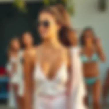 Fashion-forward individuals wearing chic swimsuits and cover ups