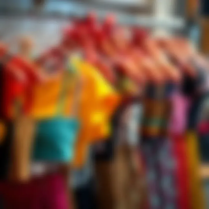 Diverse Crop Top Collection A collection of colorful crop tops hanging on a rack, showcasing various designs and patterns.