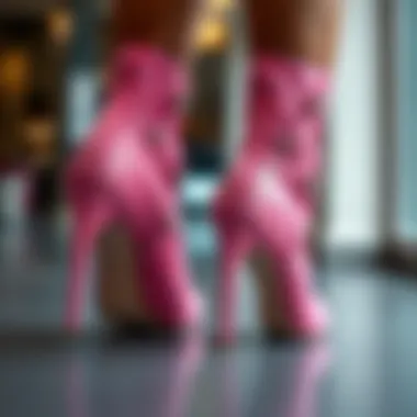 Detailed Craftsmanship of Pink Thigh-High Heels Close-up of the intricate design and texture of pink thigh-high heels.