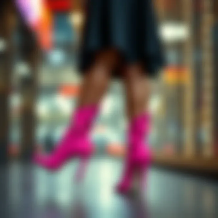 Styling Pink Thigh-High Heels Fashionable outfit paired with striking pink thigh-high heels.