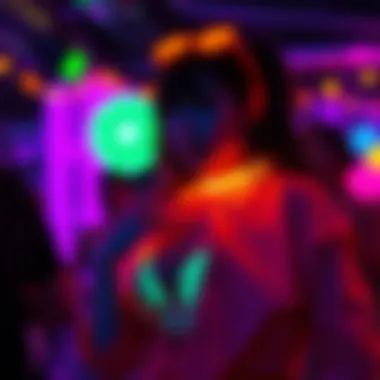 Vibrant glow in the dark outfit showcased at a party.