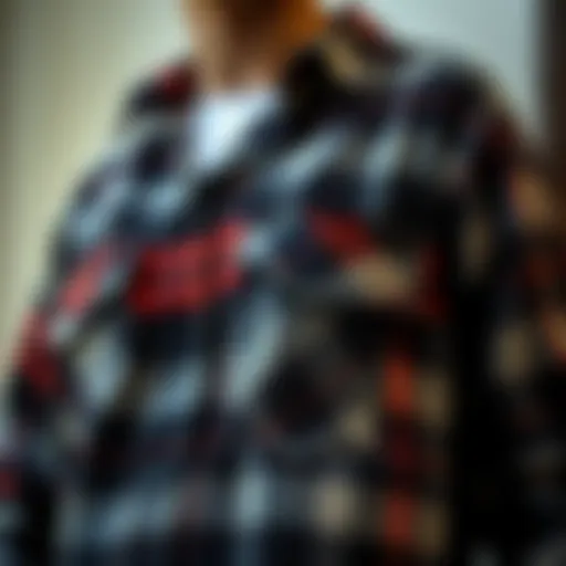 Close-up of a graphic flannel shirt showcasing intricate patterns and textures