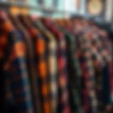 Diverse Collection of Graphic Flannels A collection of colorful graphic flannel shirts displayed on a rack