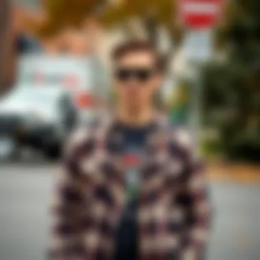 Casual Outdoor Styling with Graphic Flannel A stylish individual wearing a graphic flannel shirt in a casual outdoor setting