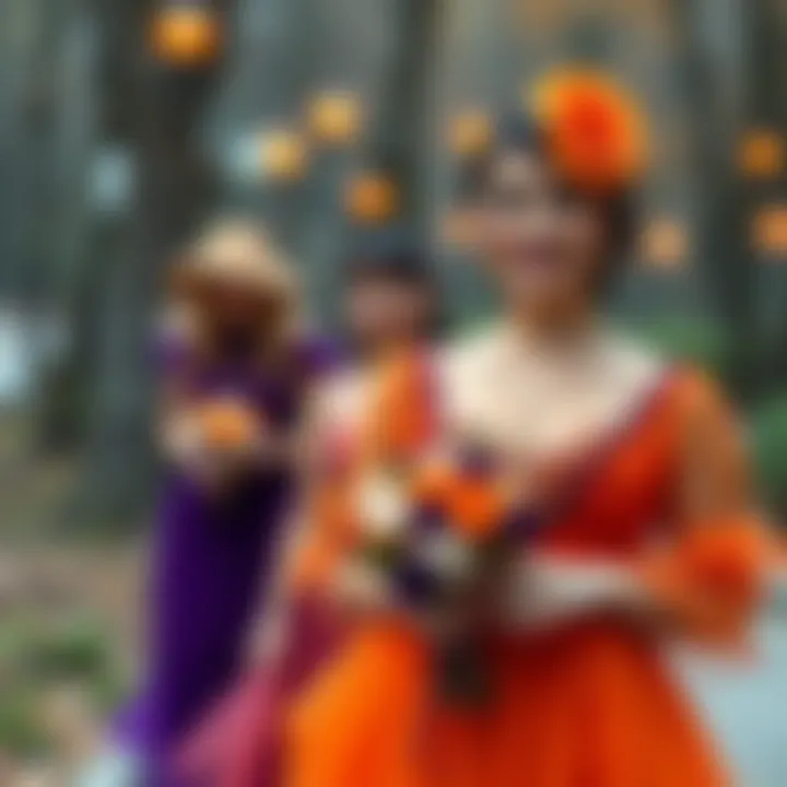 Whimsical purple and orange ensemble ideal for autumn weddings