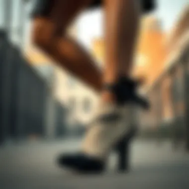 Heel Cuffs in Contemporary Fashion Model wearing shoes featuring innovative heel cuffs in a modern urban setting.