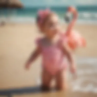 Charming infant flamingo bathing suit on a beach