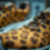 Close-up view of leopard running sneakers showcasing intricate patterns and materials.