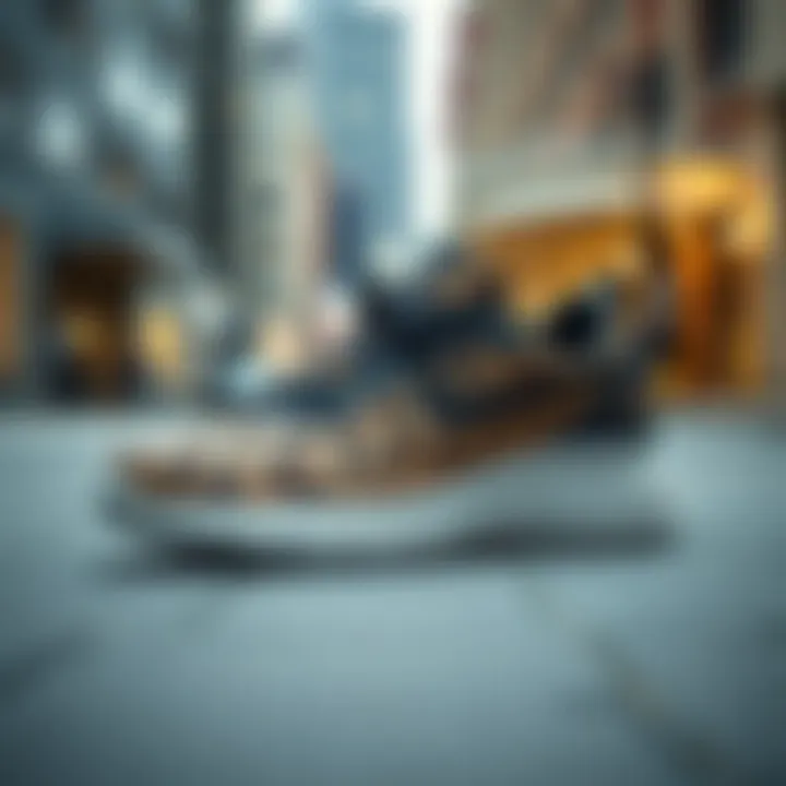 Leopard Sneakers in an Urban Setting Leopard running sneakers displayed against a stylish urban background.