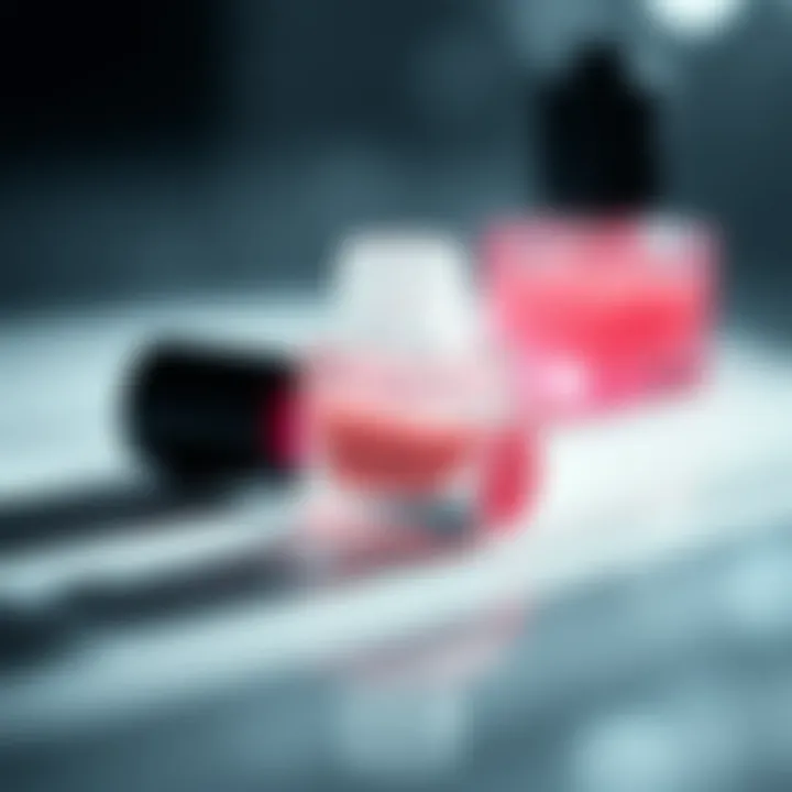 A close-up of liquid blush in a sleek bottle reflecting light