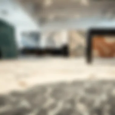 Various styles of marble pattern rugs displayed in a showroom