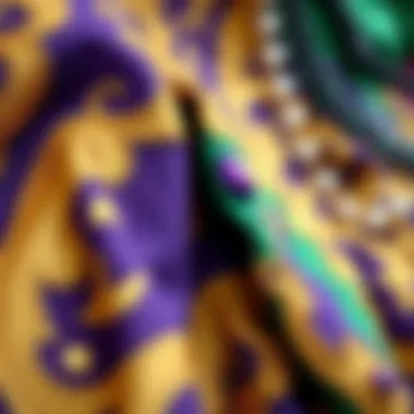 Intricate Fabric Patterns in Mardi Gras Attire Close-up of intricate fabric patterns and textures used in Mardi Gras attire