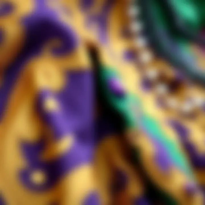 Intricate Fabric Patterns in Mardi Gras Attire Close-up of intricate fabric patterns and textures used in Mardi Gras attire