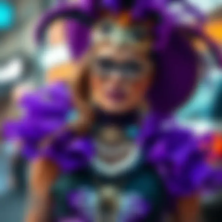 Unique Mardi Gras Outfit Expressing Individuality A fashionable individual adorned in a unique Mardi Gras outfit, embodying the spirit of the celebration