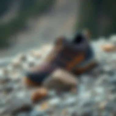 Durable hiking shoes displayed on rocky terrain