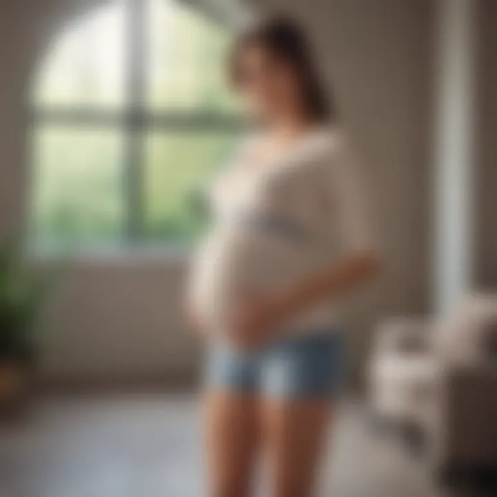 Expectant mother showcasing mid-thigh maternity shorts in a fashionable setting