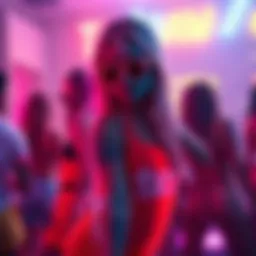 A vibrant neon outfit showcased in a party setting.