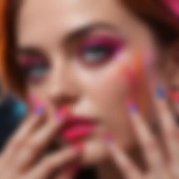 Close-up of neon pigment powder being applied on nails