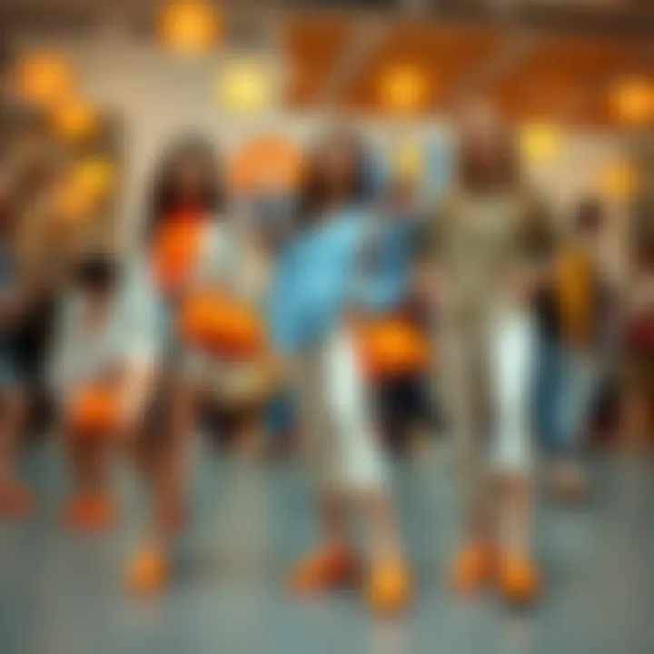 A fashionable setting featuring orange mules styled with various outfits