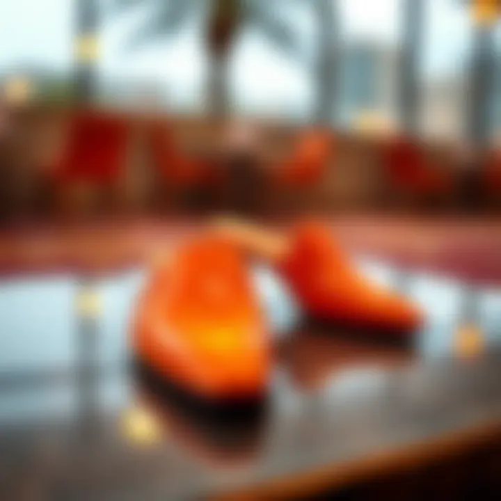 A pair of vibrant orange mules on a stylish surface