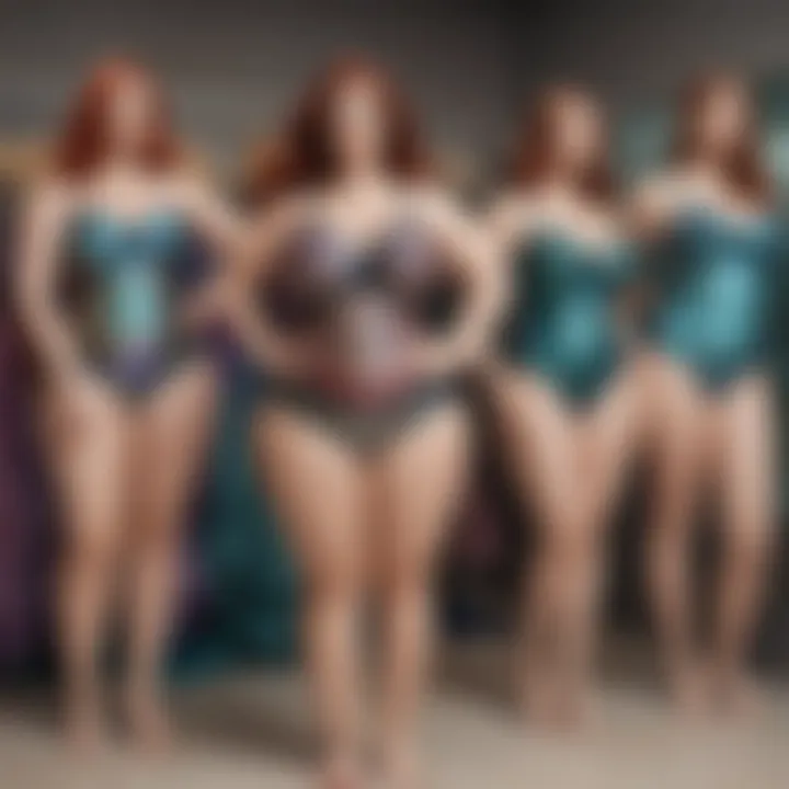 A range of plus size mermaid swimsuits displayed on mannequins, showcasing diversity in design