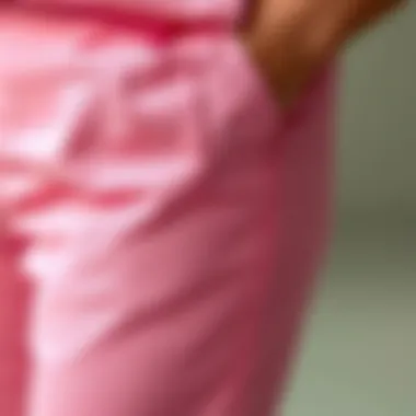 Close-up of quality fabric of plus size pink dress pants