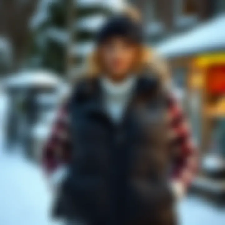 Stylish plus size winter vest in a snowy outdoor setting