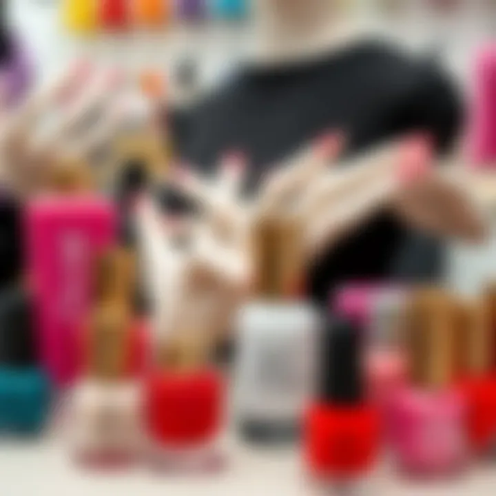 Stylish arrangement of various nail polish colors next to a mannequin