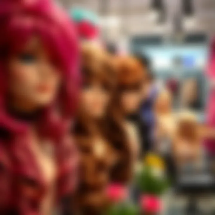 An array of wigs displayed in a vibrant salon environment