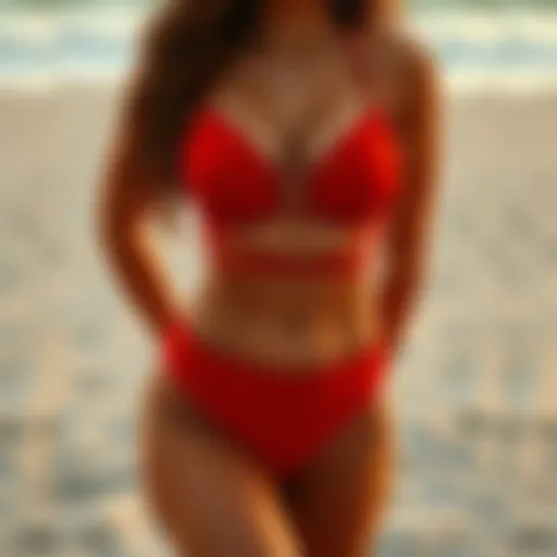 Elegant Red Designer Swimsuit on the Beach Elegant red designer swimsuit displayed on a sandy beach
