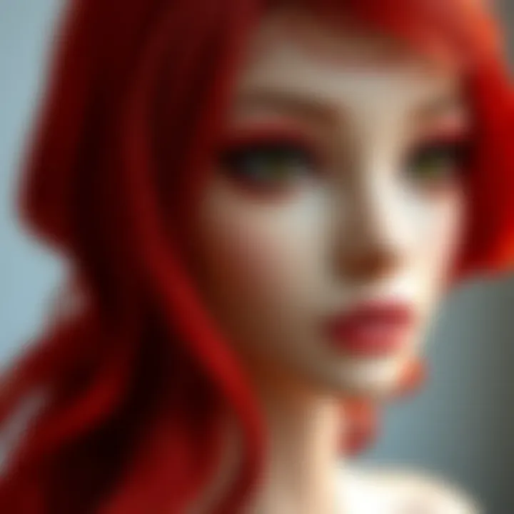 Close-up of the lace front detailing on a red wig showcasing craftsmanship